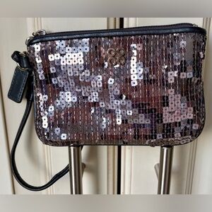 Coach Sequin Wristlet - Charcoal Grey Leather and Grey Sequin. Mini size